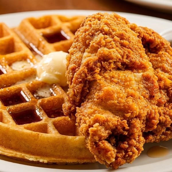 Crispy fried chicken and a golden waffle with butter and syrup on a white plate.