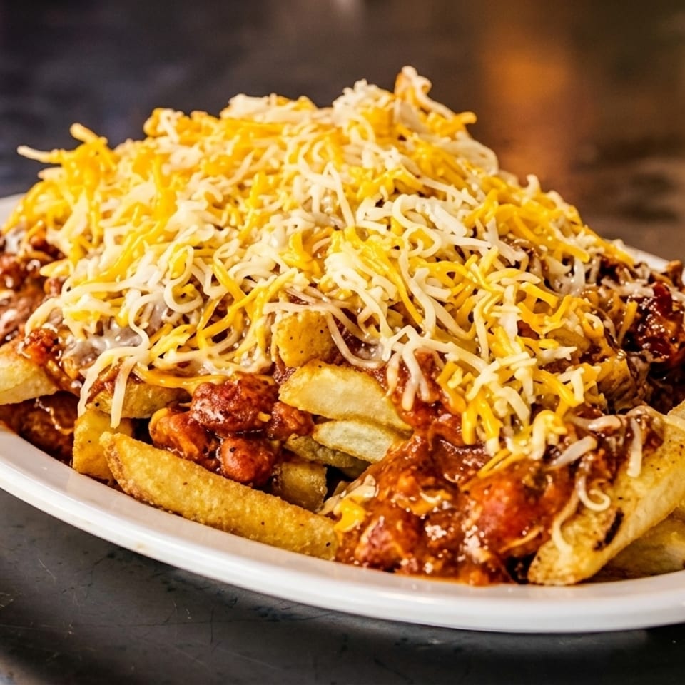 A white plate piled high with golden french fries, smothered in chili and shredded cheese.
