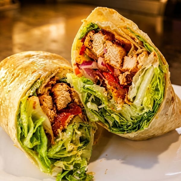 Two halves of a chicken wrap filled with lettuce, red onion, and sauce on a white plate.